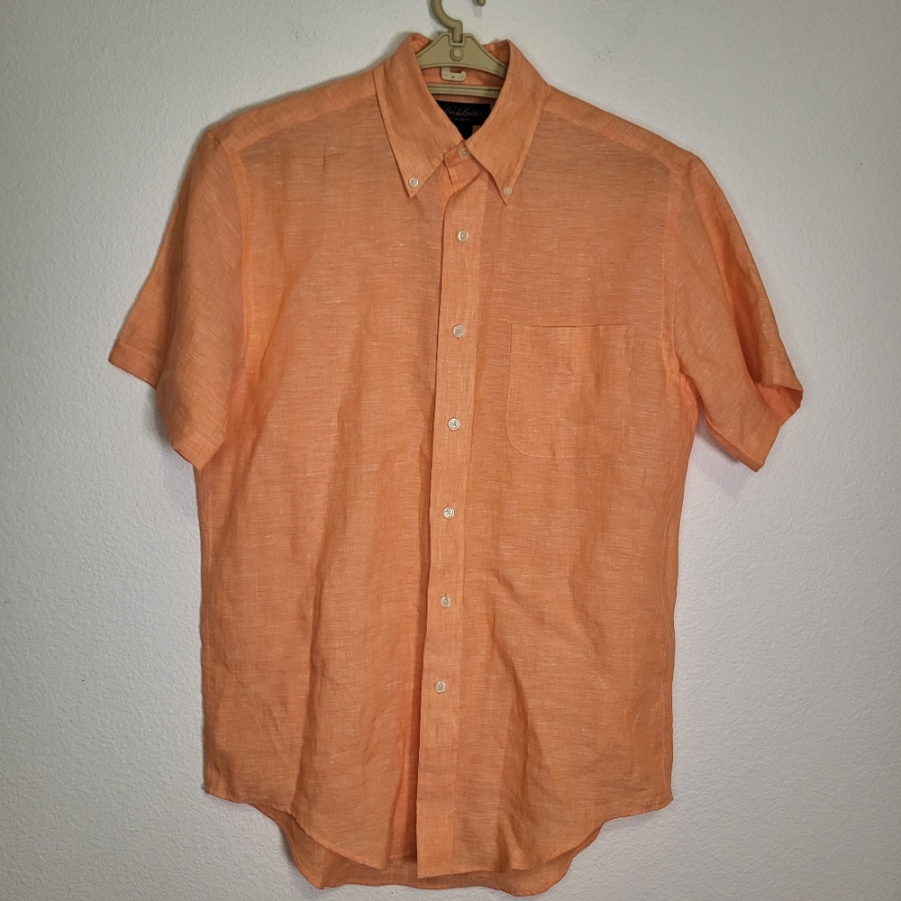 Brooks Brothers Orange Irish Linen Short Sleeve Button Up Shirt size Small